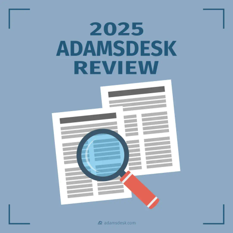 A magnifying glass positioned over top of two paper documents with illegible text next to a bold title that reads '2025 Adamsdesk Review'.