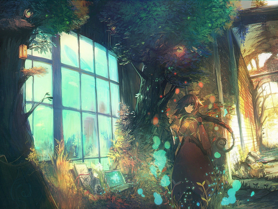 Un personnage dans un bâtiment qui semble abandonné. La végétation s'est appropriée les lieux. Au milieu de cette dernière, on aperçoit un ordinateur portable.