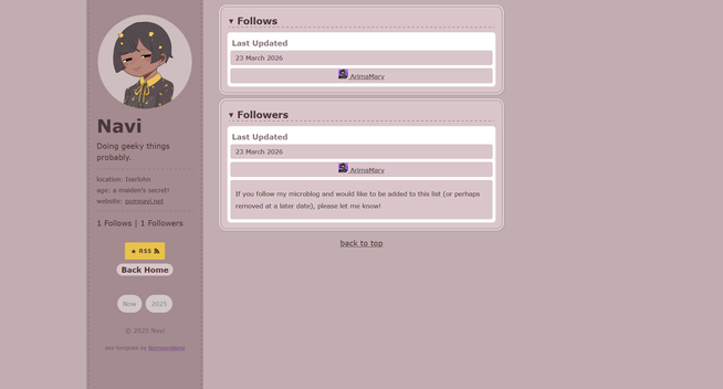 a screenshot of a microblog website that shows a follows and followers section, akin to mastodon. 1 follow and follower is listed, who is my mutual ArimaMary. 