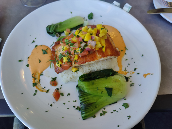 A dish with salmon, white rice, yellow mango garnish and bok choy with a tasty pale orange sauce.