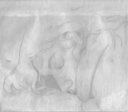 This is a pencil drawing of the head of a sleeping teenage boy.