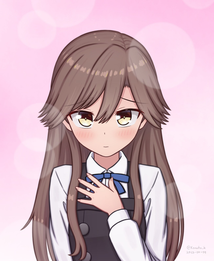 A digital drawing of an anime girl, Arashio from Kantai Collection. She has her face down with a "puppy face", looking at the viewer as her left hand lays on top of her newly gifted ribbon. The background is all pink with bubbly effects to make it pretty.