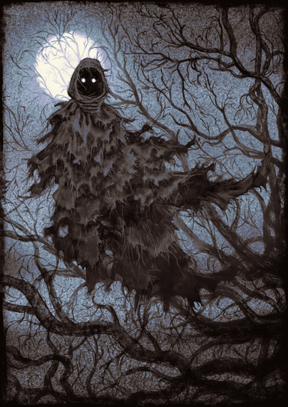 A grainy blue tinted digital drawing of a ghost with glowing white eyes under a dark hood. The ghost's body is made up of flowing tattered cloth. Behind the ghost is a mess of barren branches of a tree.