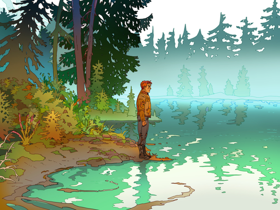 A digital drawing of a man standing at the edge of a misty emerald lake looking off into the distance. He is surrounded by dense vegetation and pine forests.