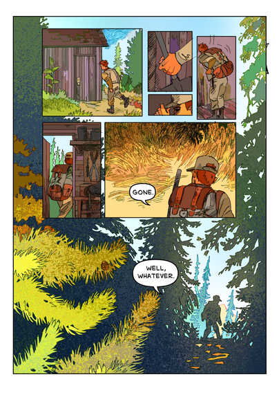 A comic page showing a man going to a shed and packing things in to his backpack. He leaves the shed and goes out into the forest.