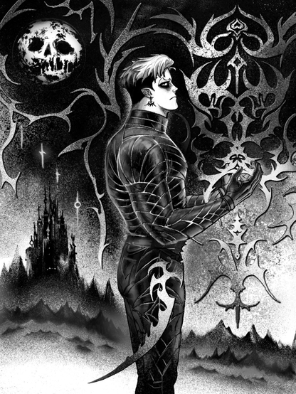 A greyscale digital drawing of a man standing in profile view with his hands raised up. From his palms a jagged and elaborate design springs forth sprawling across the black sky. A moon with a skull pattern rises in the upper left. A castle among mountains can bee seen below.