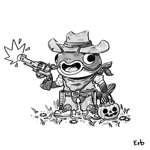 A black and white doodle of a catfish kid dressed as a cowboy for Halloween while firing a cap gun. 