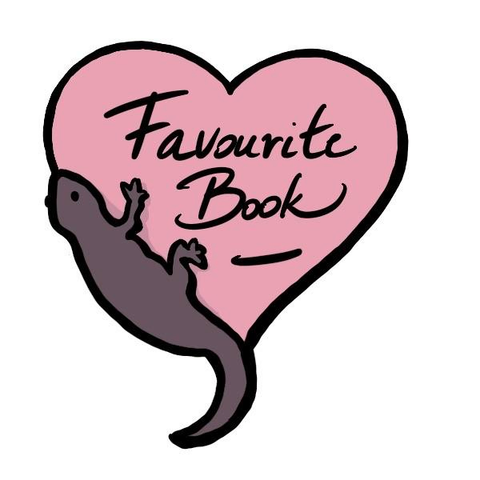 Heart sticker filled with pink and the text “Favourite Book” handwritten in it. A salamander is holding the left side of the heart.