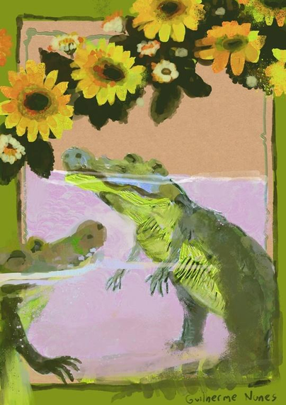 painting of alligators on a river next to a sunflower field