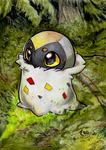 Illustration, made with ballpoint pen and colored pencils, of a spewpa (a little bug pokémon with a white-cream body and darker head, and big eyes) on the grass, in a forest. 