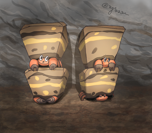 4 crustles in 2 rows, stacked on each other
Light as if we were in a cave and were poiting a flashlight at them.