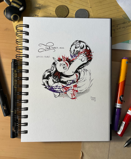 Dessin de deux créatures en train de se battre : un genre de chat furet aux grandes griffes entouré d’un gros serpent noir avec une queue et des crochets empoisonnés. Les deux sont bien blessés 