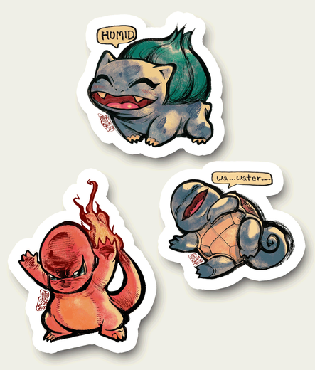 Art of the three Kanto starter pokemon: Bulbasaur happily exclaiming HUMID, Squirtle resting on its back asking for "wa...water....", and Charmander looking a bit mad pressing its head against a window.