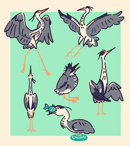 A digital illustration of grey herons in different silly poses.