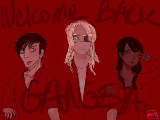 The three main characters of Gangsta in front of a mostly monochrome red background with a message that says "Welcome Back Gangsta"