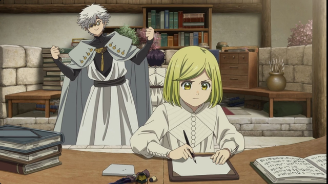 Anime screenshot: a little girl sitting at the table with an ink pen in her hand trying to draw in the notebook, a young white-haired man with glasses cheering her up in the background