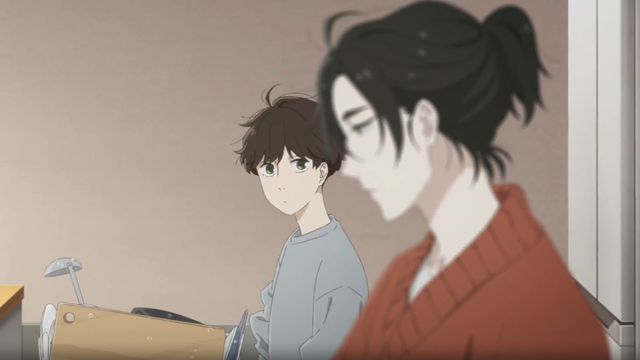 Anime screenshot: a young girl is looking inquisitivey at a woman standing in profile