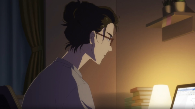 Anime screenshot: a woman in her 30-s is sitting in profle in front of a glowing computer screen