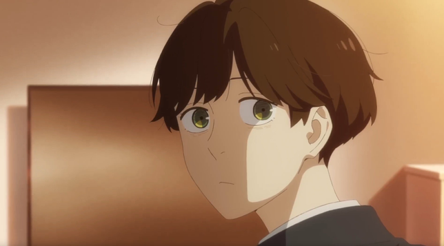 Anime screenshot: young girl Asa is looking a bit troubled and sad in half-turn