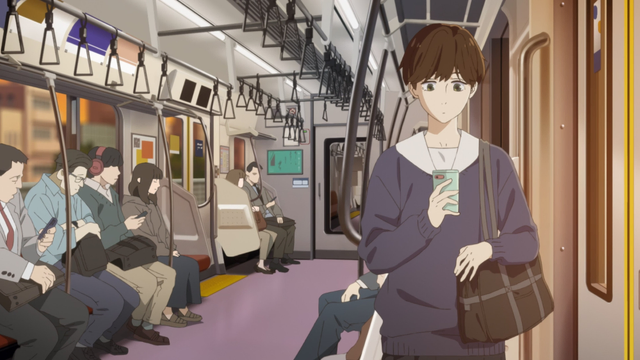 Anime screenshot: a young school girl (Asa) is standing in a train looking at the smartphone screen