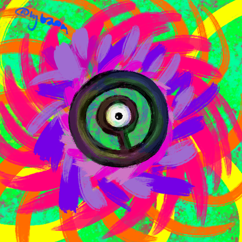 The O shaped Unown on a neon splashy background