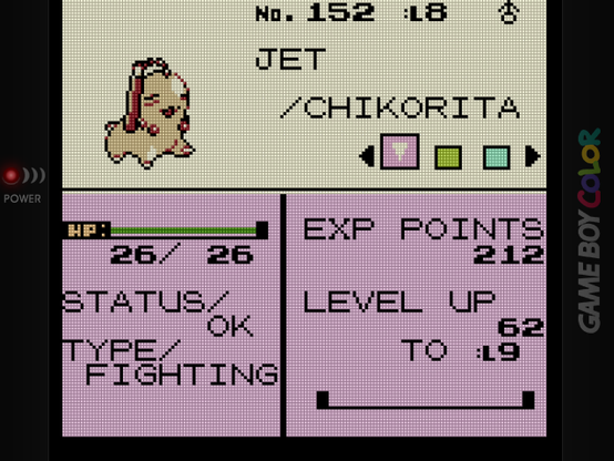 Level 5 Chikorita with a nunchuk on its head instead of a leaf. Nickname is JET, type is FIGHTING