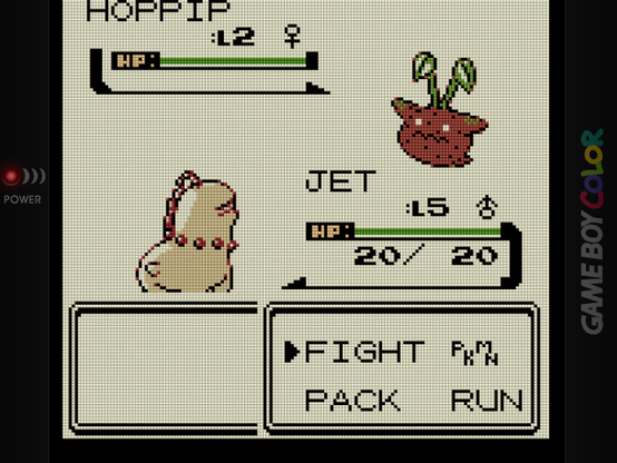 JET the Chikorita facing off against a Hoppip that looks like a large brown potato with two green stalks coming out of its head
