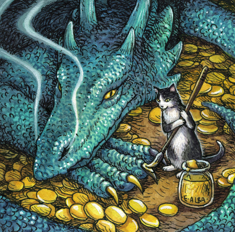 Ink and watercolor illustration, close up view of a blue dragon laying on a hoard of gold coins, claws being painted gold by a small tuxedo cat.