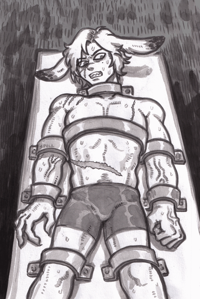 Ink sketch of a character in his underwear held down on an operating table by straps on his arms, legs, torso and neck. The character has light-colored short, wavy hair with dark roots growing in. He has rabbit ears with dark tips. He's muscular, but not very thick. There's scars all over his body: crisscrossing under his right eye, on his right shoulder, on his left pectoral, and a particularly brutal, large one across his abdomen.
The character looks distressed, gritting his teeth as he tries to lift his head off the table, looking to the side at something unknown with wide, dark eyes. His face and body are covered in sweat. The veins on his arms are raised from the effort of trying to free his arms.