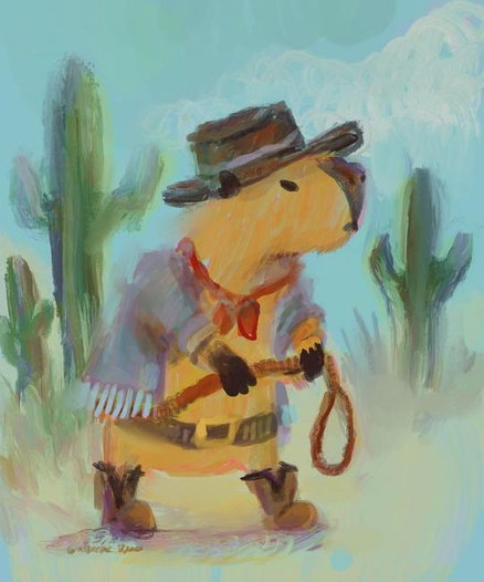 painting of a capybara dressed as a cowboy holding a lace in the middle of the desert