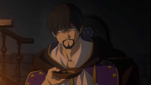 Anime screenshot: dark-haired young man with a goatee is holding a flattened cup and looking straight at the viewer being lit with a warm light fron the fireplace