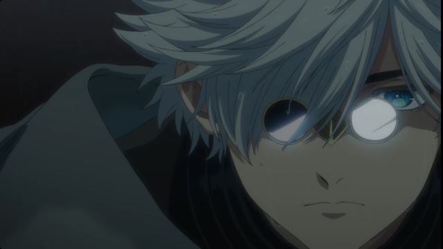 Anime screenshot: a white-haired young man wearing glasses with one darkened  lense looking menacing