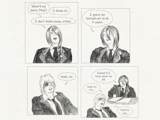 Denji and Nayuta from Chainsaw Man reenacting, more or less, the closing "I guess we learned not to do it again" exchange from Burn After Reading, rendered in digital pencil sketch in black and white
