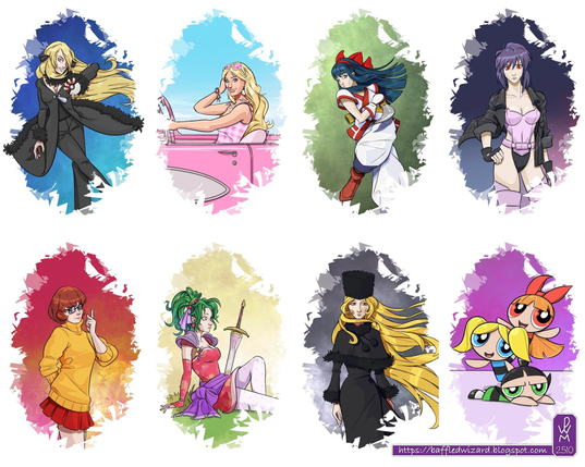 A compilation of eight drawings of characters from games, manga and animation. Along the top row from left to right: Cynthia (from Pokemon), Barbie, Nakoruru (Samurai Shodown) and Kusanagi Motoko (Ghost in the Shell). Along the bottom row: Velma (Scooby Doo), Terra (Final Fantasy 6), Maetel (Galaxy Express 999) and the Powerpuff Girls.