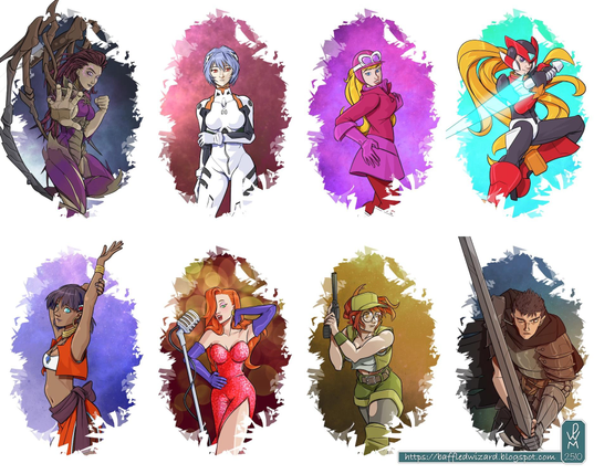 A compilation of eight drawings of characters from games, manga and animation. Along the top row from left to right: Sarah Kerrigan (from Starcraft), Ayanami Rei (Neon Genesis Evangelion), Penelope Pitstop (Wacky Races) and Zero (Mega Man Zero). Along the bottom row: Nadia (Nadia: The Secret of Blue Water), Jessica Rabbit (Who Framed Roger Rabbit?), Fiolina Germi (Metal Slug) and Guts (Berserk).