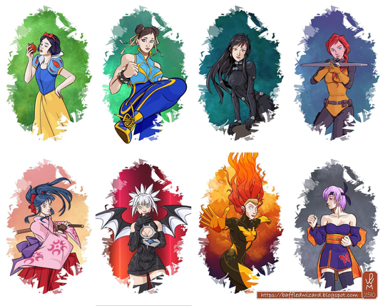 A compilation of eight drawings of characters from games, manga and animation. Along the top row from left to right: Snow White, Chun-Li (from Street Fighter), Reika (Gantz) and Scarlett (G.I. Joe). Along the bottom row: Sakura (Sakura Wars), Shadow Lady (Shadow Lady), Jean Grey (X-Men) and Ayane (Dead or Alive).