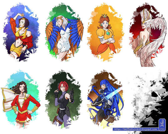 A compilation of seven drawings of characters from games, manga and animation. Along the top row from left to right: Faye Valentine (from Cowboy Bebop), Sorceress (He-Man), Princess Daisy (Super Mario) and Sirene (Devilman). Along the bottom row: Mary Marvel (Shazam!), Regina (Dino Crisis) and the Nahobino (Shin Megami Tensei 5).