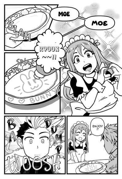 comic panel of maid hika performing "moe moe kyuun" on an omelette rice. Last panel, "Enjoy!"