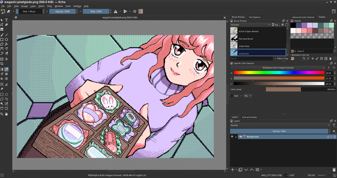 The Krita workspace. Includes the following dockers: Toolbox docker on the left, Custom toolbar on top, and on the right are Brush Presets and Tool Options together on top next to Advanced Colour Selector and Palette together. Below them is the Specific Color Selector and beneath that is Layers and Grid and Guides dockers together.