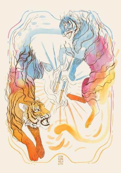 Watercolour/graphite drawing of two tigers swirling around two daggers