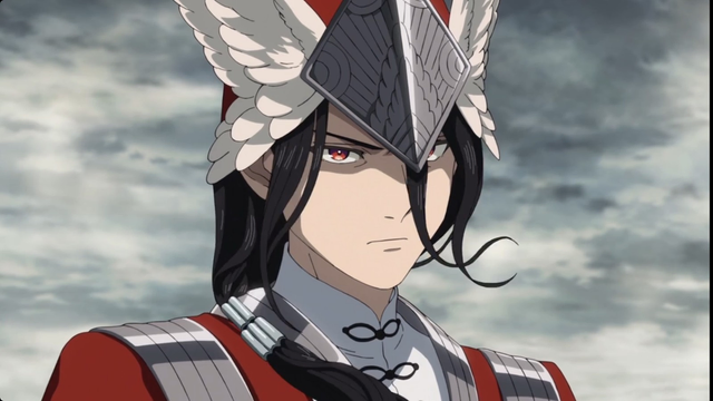 Anime screenshot: a young man with long black hair and red eyes wearing a winged head gear looking angrily "at the camera"