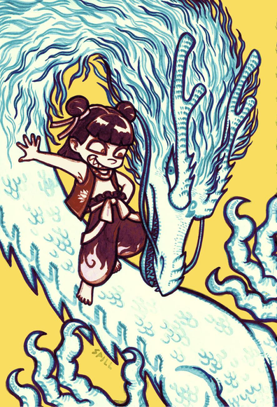 NeZha fan art. A drawing of Nezha, a very short barefoot boy with dark circles around his eyes, sharp teeth, shoulder-length black hair half tied up in a pair of buns, wearing an open vest and baggy pants, and Ao Bing, a bluish white dragon with a long, slender body, a pair of horns, a pair of long whiskers, a fluffy mane, a spiky spine and sharp claws. Ao Bing curves down his neck so his snout is close to touching his puffed out chest, and Nezha stands on the loop formed, one hand resting on Ao Bing's neck to lean back casually, grinning. They stare at each other. The drawing is signed as SPILL.