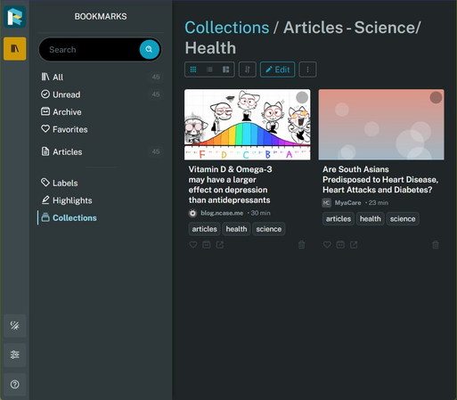 a screenshot of the readeck site with two articles in a collection