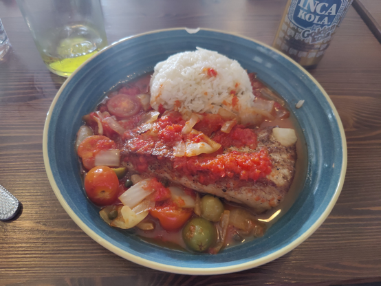 Yellowtail Fish with Sofrito Cream Sauce and Rice