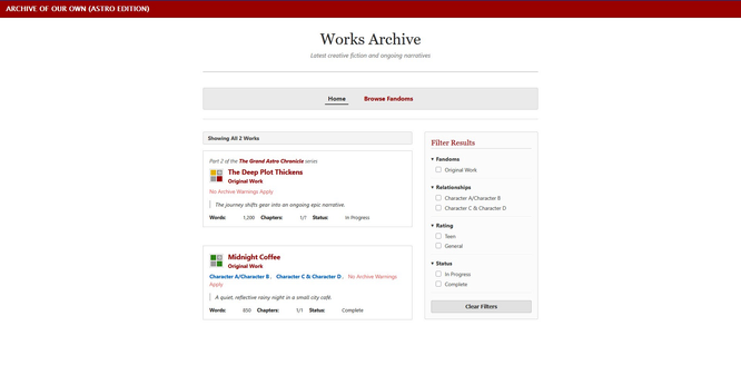 A screenshot of a fanfic archive that uses design characteristic of AO3. It was built using the Astro static site generator. 