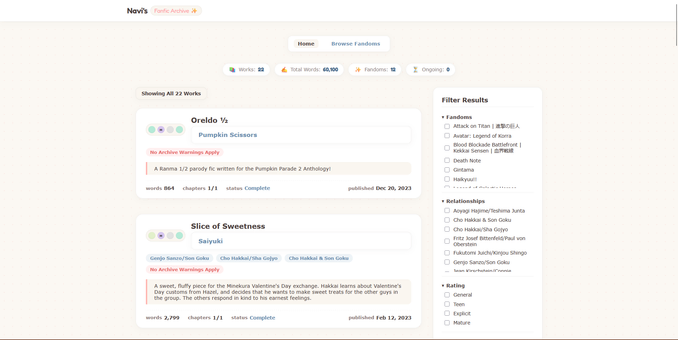 Screenshot of my fanfic archive. Uses bright color and a rounded pastel theme.