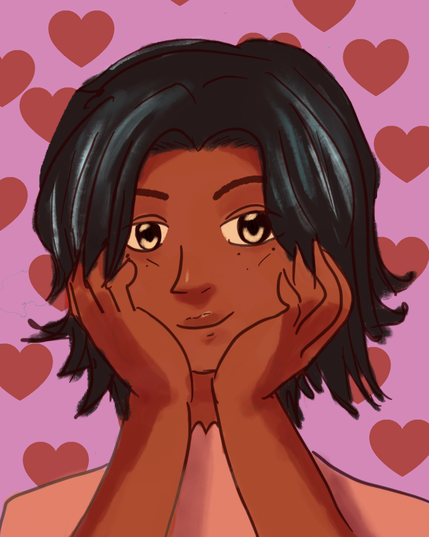 A drawing of a brown woman with short black hair with her face in her hands, smiling. She has red hearts behind her and a pink background