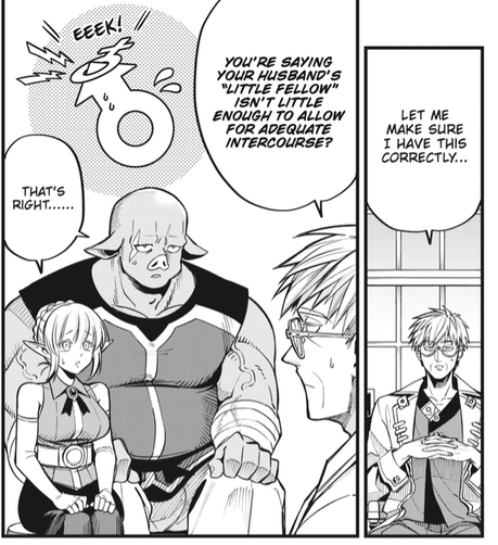 manga panel 2: a large orc and a small petit elf woman are consulting Dr. Rex about their inability to have intercourse due to their size difference.