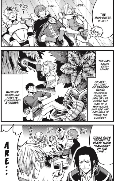 manga panel 3: three idiots in an adventurer's party got their dicks severed by a man-eating plant, and are lying on the floor in the medical office. The 4th party member (their leader) is explaining the situation to Dr. Rex