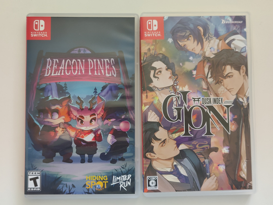 Front covers of two Nintendo Switch games: Beacon Pines and Dusk Index Gion